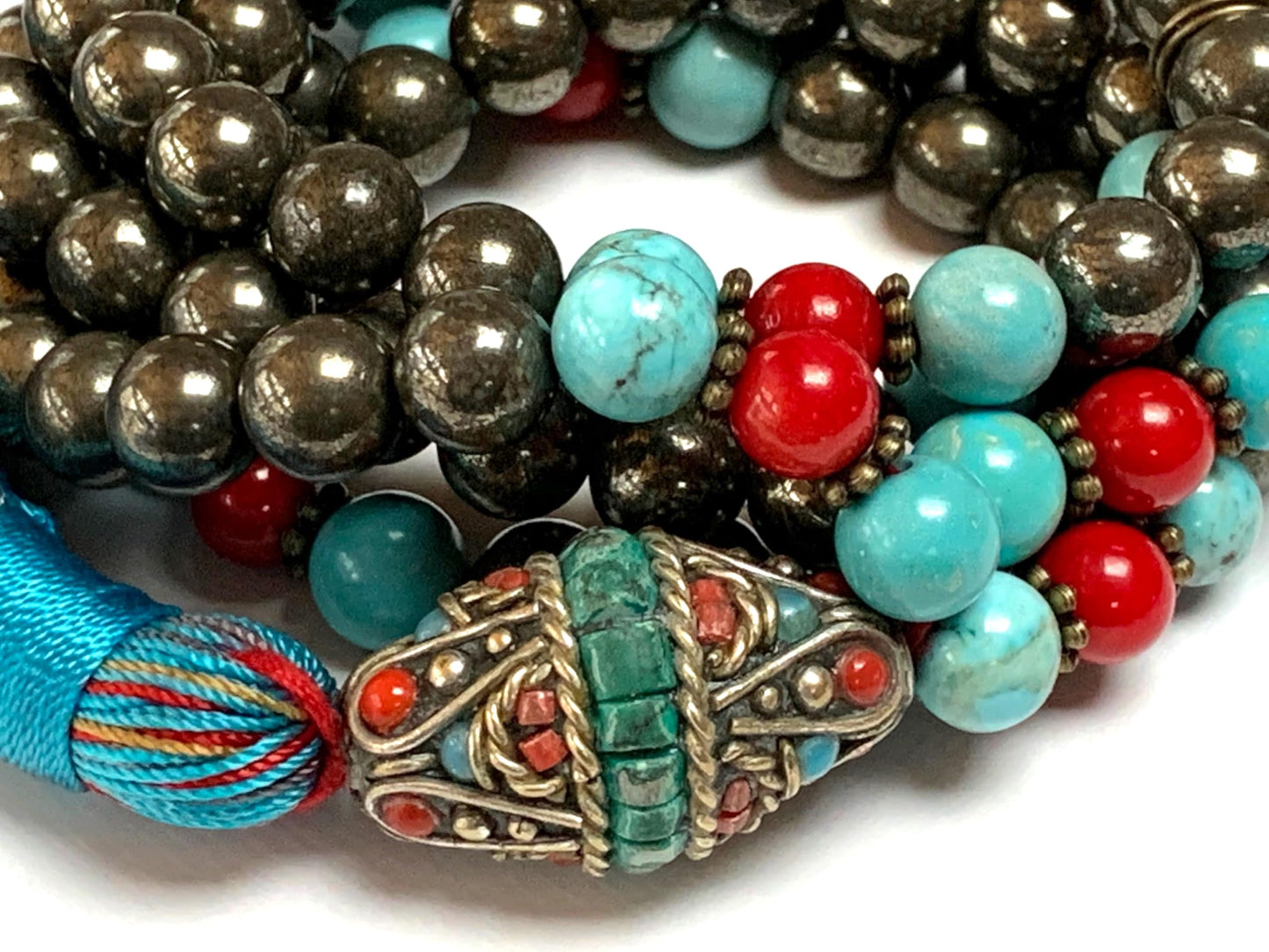 Stunning Pyrite Turquoise Red Coral Mala Beads Necklace – Scorpio & Aries Birthstone for April & October – Root and Throat Chakra - 108 Beads