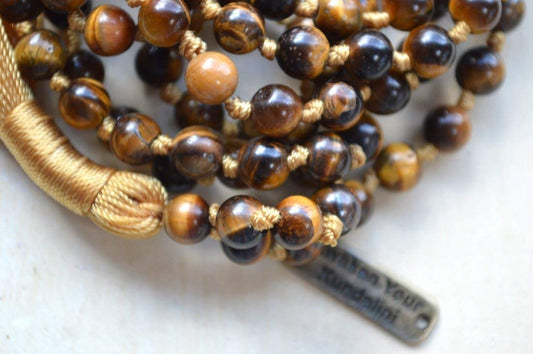Hand Knotted Tiger's eye Tigereye Tiger eye mala beads necklace 108+1 Buddhist prayer beads Energized AAA Grade meditation beads - w/Velvet or 100% Jute pouch (GOLDEN BEIGE, Bead size 6 mm)
