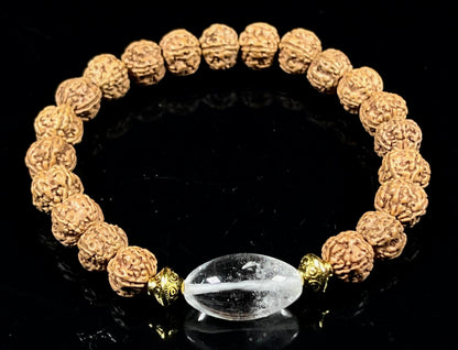 5 Mukhi Pathri Chikna Rudraksha and Himalayan Ice Crystal Quartz Stretch Bracelet – December Birthstone, Sagittarius Astrological Sign, Crown Chakra
