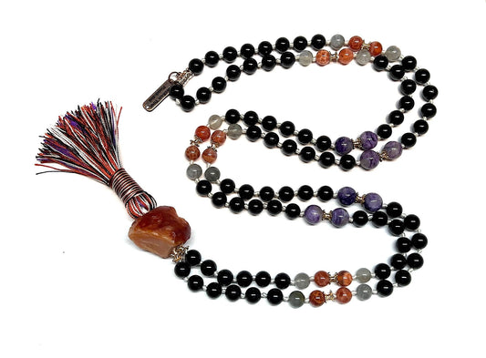 VESTA 108 Hand-Knotted Labradorite, Fire Agate, Tourmaline & Charoite Mala Necklace | Root & Sacral Chakra Healing | Leo, Scorpio & Capricorn Birthstone | Handmade in USA
