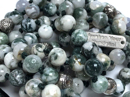 Hand Knotted Green Tree Agate Mala Necklace - Gemini & Virgo Birthstone - Root & Heart Chakra - 8mm 108 Beads with Zinc Alloy Spacers