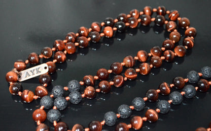 VULCAN Red Tiger’s Eye & Lava Mala Necklace | Hand Knotted 108 Beads for Courage & Grounding