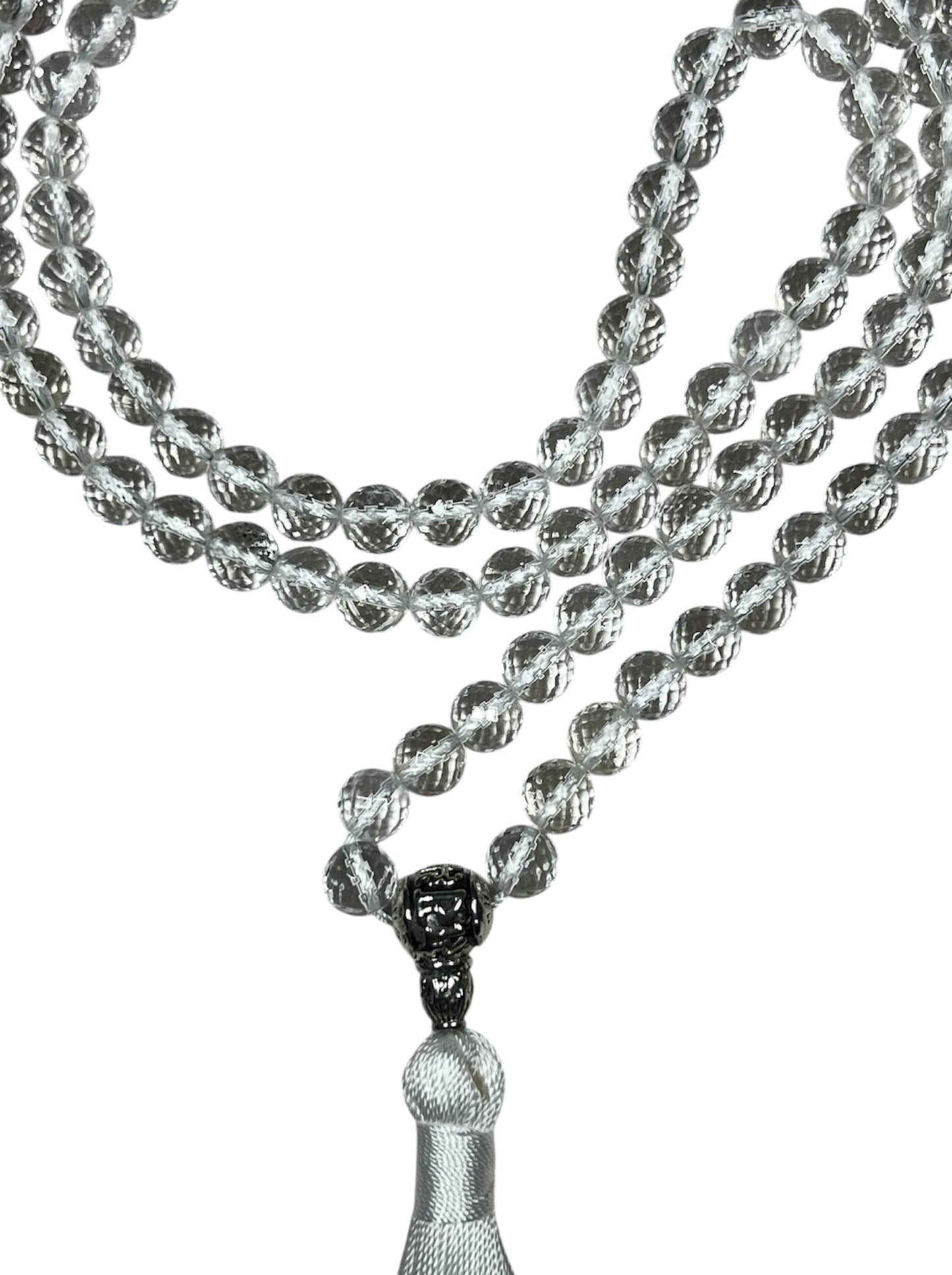 Diamond Cut Crystal Quartz Mala Beads Necklace – 108 Beads – Alloy Guru Bead with "Om Mani Padme Hum" Mantra Inscription – 6mm & 8mm – April Birthstone & Crown Chakra Energy Beads