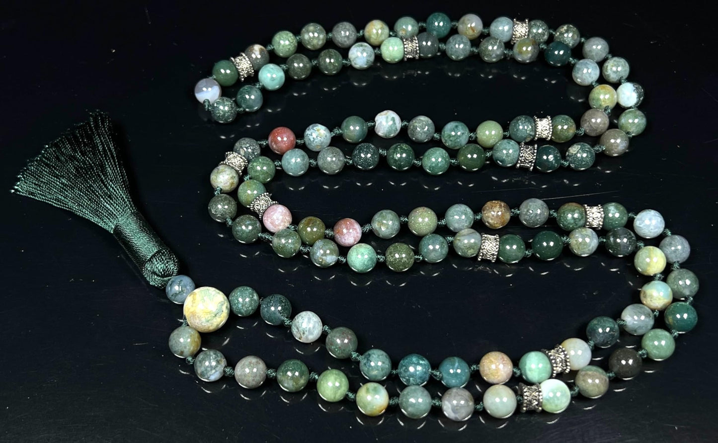 Certified Energized Mala Beads Necklace with COA - Chakra Mala - Japa Mala - 8mm 108 Buddhist Prayer Beads - Meditation Mala - Tassel Necklace – Zodiac/Sun Sign stones (Moss Agate)