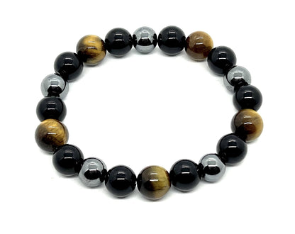 Triple Protection Bracelet - Tiger's Eye Black Tourmaline and Pyrite 10mm Beaded Stretch Bracelet - 7.5 Inches Wrist Size