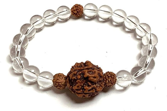 AWAKEN YOUR KUNDALINI Crystal Quartz and 5 Mukhi Rudraksha Stretch Bracelet, Crown Chakra Healing, Clarity and Spiritual Growth