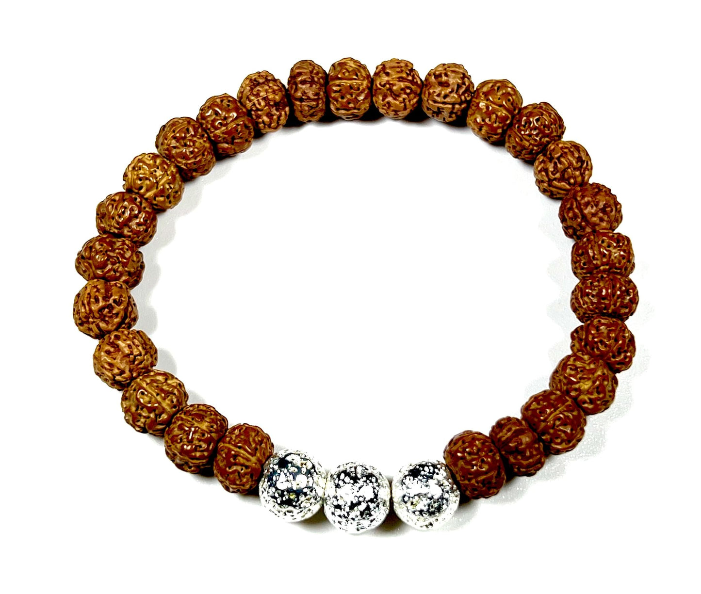 VULCAN Rudraksha & Silver-Plated Lava Bracelet | 8mm Stretch Design