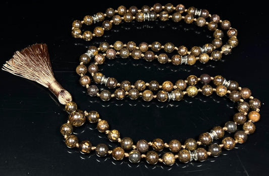Hand-knotted Bronzite Mala Necklace, 8mm 108 Beads, Gemini and Leo Birthstone, Root Chakra Healing