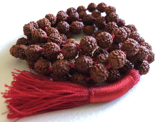 Rudraksha mala Beads necklace Rudraksh Japa 5 Mukhi ( 5 Face ) Hand Knotted Prayer Beads Sizes 6mm 8mm 10mm 12mm Energized Chakra mala w/ Pouch (8MM KNOTTED FULL MALA (108+1) BEADS)