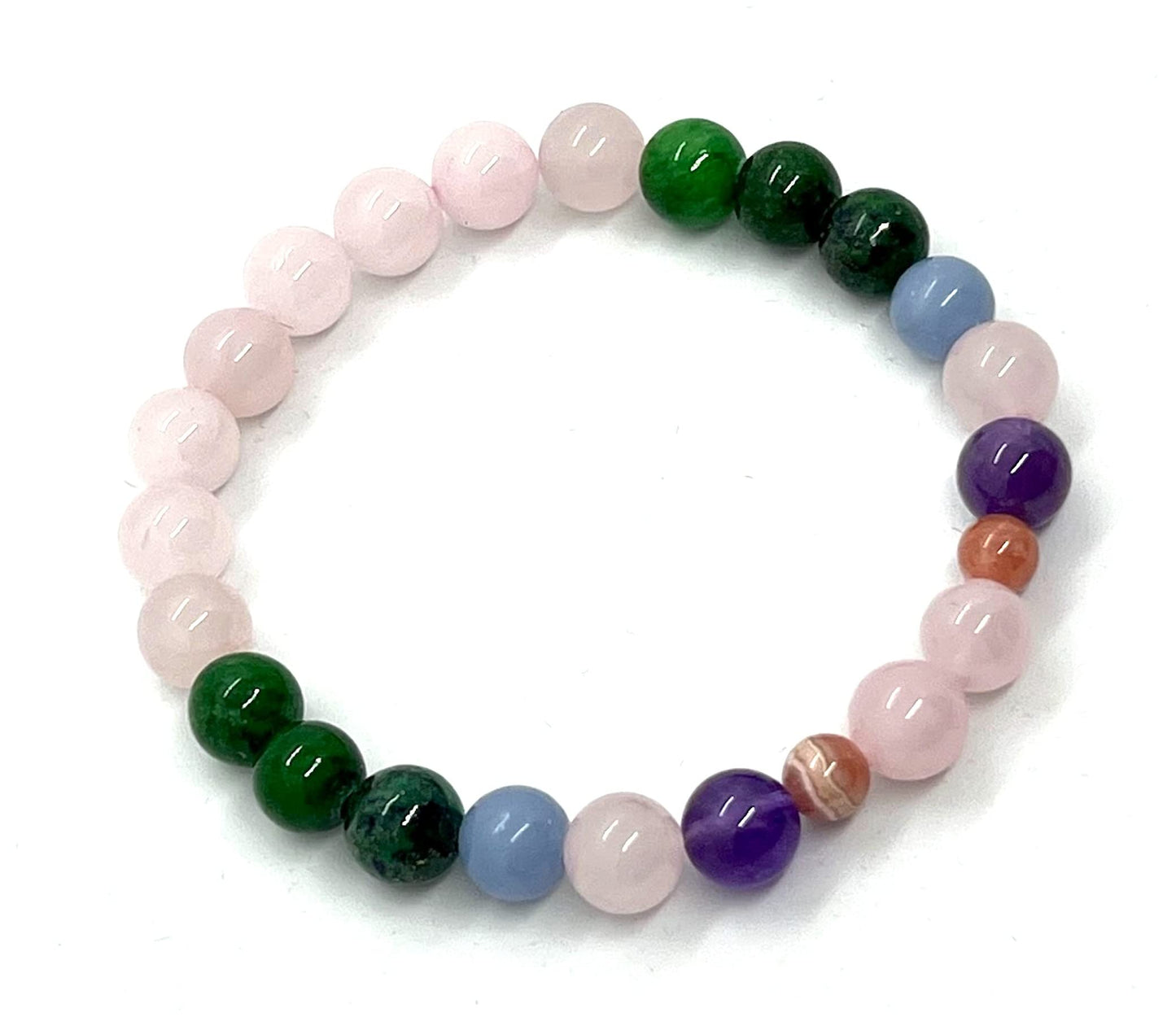 Harmony & Balance Bracelet: Amethyst, Rose Quartz, Green Jade, Angelite, Rhodochrosite (8mm Beads, 7.5 Inch Wrist)