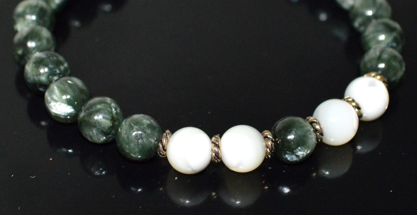 Seraphinite and Mother of Pearl Beads Stretch Bracelet - Universal Birthstone - Heart Chakra Jewelry