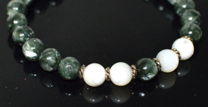 Seraphinite and Mother of Pearl Beads Stretch Bracelet - Universal Birthstone - Heart Chakra Jewelry