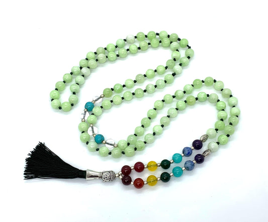 Energized 7 Chakra mala beads Hand Knotted 108 beads necklaces - Japa - Buddhist prayer beads - Meditation - Healing crystals for men women (Fluorescent Green Jade Heart chakra mala)