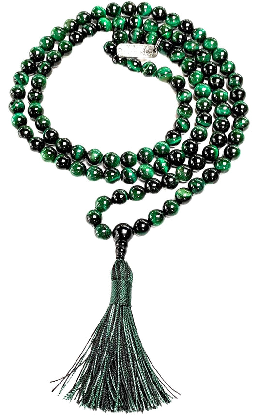 Green Tiger's Eye Tiger Eye Mala Necklace, 8mm 108 Beads, Taurus and Virgo Birthstone Mala, Solar Plexus and Heart Chakra Association