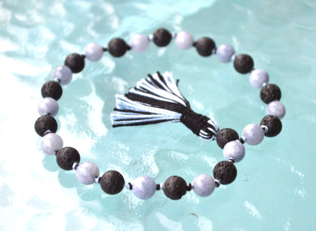 Aquamarine & Lava Pocket Mala | 27 Beads for Courage & Calm | ANKURA Collection