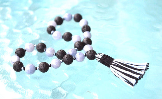 Aquamarine & Lava Pocket Mala | 27 Beads for Courage & Calm | ANKURA Collection