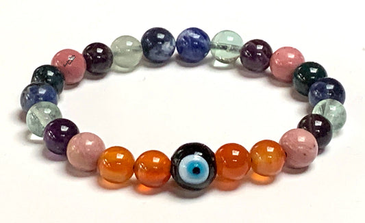 Study Aid Healing Bracelet with Rhodonite, Moss Agate, Carnelian, Amethyst, Fluorite, Sodalite and Evil Eye charm