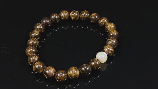 Bronzite & Mother of Pearl Stretch Bracelet (8mm Beads, 7.5 Inches) - Balance & Inner Strength: - Taurus & Gemini Birthstone & Root & Solar Plexus Harmony