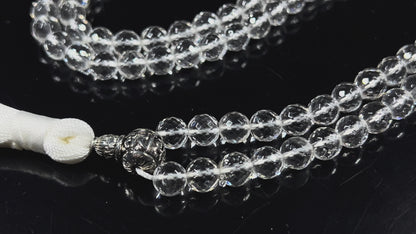 Diamond Cut Crystal Quartz Mala Beads Necklace – 108 Beads – Alloy Guru Bead with "Om Mani Padme Hum" Mantra Inscription – 6mm & 8mm – April Birthstone & Crown Chakra Energy Beads