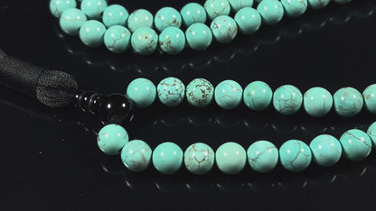 Handmade Natural Blue Turquoise Mala Beads Necklace | 8mm | 108 Beads | Wisdom & Tranquility Mala | Sagittarius Birthstone & Throat Chakra
