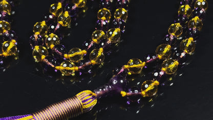 Sun & Moon Harmony Beaded Necklace – Faceted Citrine & Amethyst Crystals | 8mm 108 Mala Beads | Solar Plexus & Crown Chakras | February & November Birthstones | Ethically Sourced