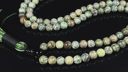 Handmade Natural & Rare African Turquoise Mala Beads Necklace | 8mm 108 Beads | Transformation & Growth Mala | Sagittarius Birthstone & Third Eye Chakra
