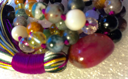 108 Mala Beads Necklace, Psychic Ability Vision, Dimentia, tourmaline, onyx citrine, pearl, bloodstone, moss agate. quartz crystal