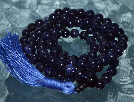10mm Blue Goldstone Mala Beads Necklace | Throat Chakra | TARA Collection