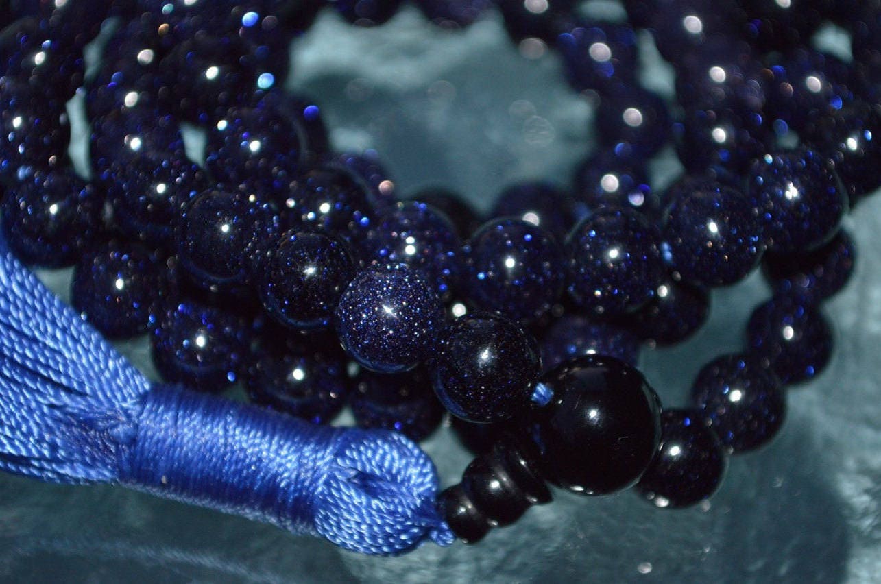10mm Blue Goldstone Mala Beads Necklace | Throat Chakra | TARA Collection