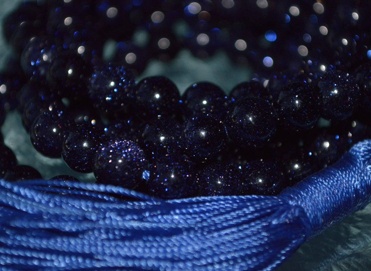 10mm Blue Goldstone Mala Beads Necklace | Throat Chakra | TARA Collection