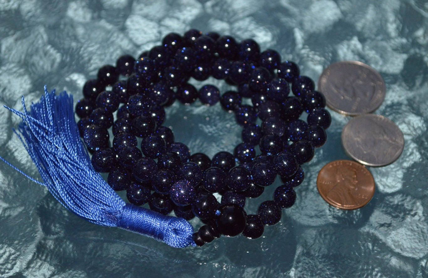 10mm Blue Goldstone Mala Beads Necklace | Throat Chakra | TARA Collection