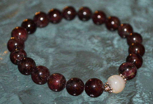 Garnet Beaded Mother of Pearl  Bracelet, Natural Gemstone Stretch Bracelet, Healing Crystals Bracelet, Mens Dark Red Gemstone, Boho Stacking