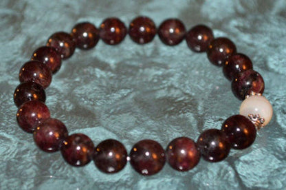 Garnet Beaded Mother of Pearl  Bracelet, Natural Gemstone Stretch Bracelet, Healing Crystals Bracelet, Mens Dark Red Gemstone, Boho Stacking