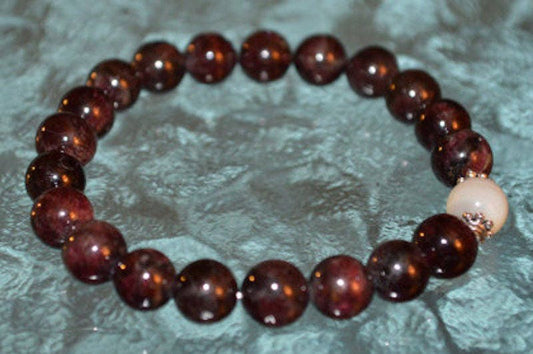Garnet Beaded Mother of Pearl  Bracelet, Natural Gemstone Stretch Bracelet, Healing Crystals Bracelet, Mens Dark Red Gemstone, Boho Stacking