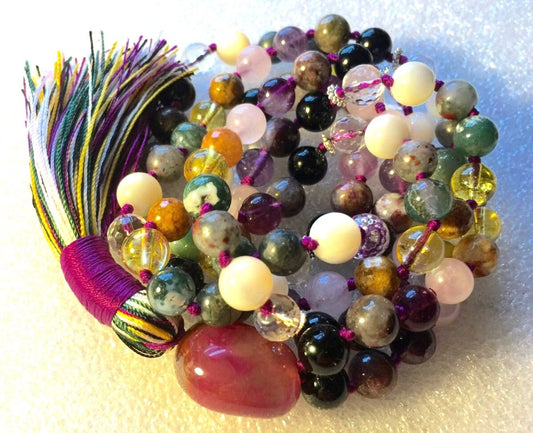 108 Mala Beads Necklace, Psychic Ability Vision, Dimentia, tourmaline, onyx citrine, pearl, bloodstone, moss agate. quartz crystal