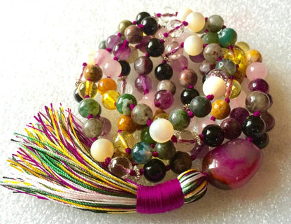 108 Mala Beads Necklace, Psychic Ability Vision, Dimentia, tourmaline, onyx citrine, pearl, bloodstone, moss agate. quartz crystal