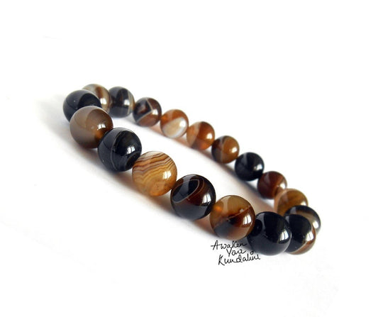 8 mm Brown Banded Agate Gemstone Bracelet Gift for Her & Him Mens Beaded Bracelet Gift, Fathers Day Gift, Boyfriend Gift, Best Friend Gifts