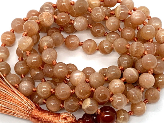 Hand Knotted Sunstone Mala Necklace – Confidence, Joy & Emotional Healing | Sacral Chakra | VESTA Collection