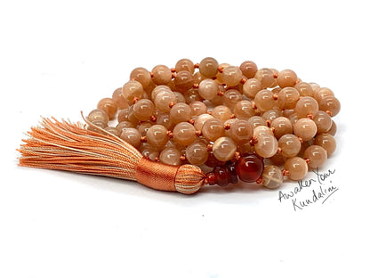 Hand Knotted Sunstone Mala Necklace – Confidence, Joy & Emotional Healing | Sacral Chakra | VESTA Collection