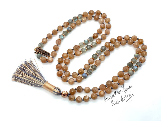 AAA Natural labradorite Sunstone Mala Necklace 108 mala beads necklace, crystal necklace, sunstone gemstone, yoga gift for her, 108 prayer