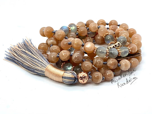 AAA Natural labradorite Sunstone Mala Necklace 108 mala beads necklace, crystal necklace, sunstone gemstone, yoga gift for her, 108 prayer