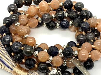 Sunstone and Iolite 108 Mala Beads Necklace