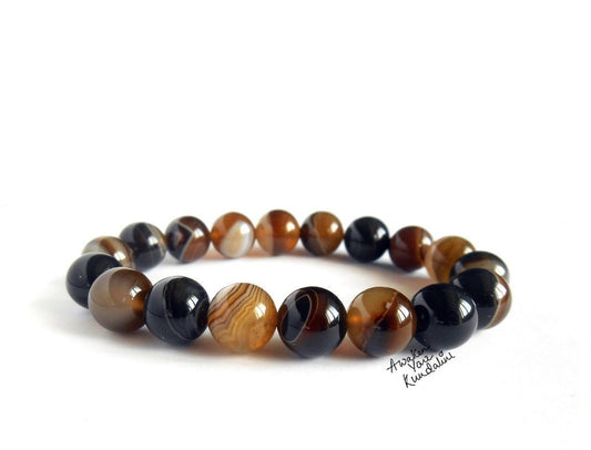 8 mm Brown Banded Agate Gemstone Bracelet Gift for Her & Him Mens Beaded Bracelet Gift, Fathers Day Gift, Boyfriend Gift, Best Friend Gifts