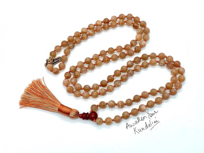 Hand Knotted Sunstone Mala Necklace – Confidence, Joy & Emotional Healing | Sacral Chakra | VESTA Collection