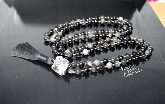 Protection Gray Hawks Eye Mala Necklace Protection Jewelry