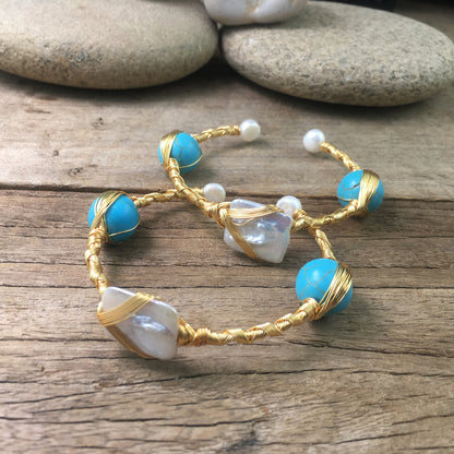 Turquoise Rough Stone Cuff Bangle Gold Plated | IRIS & LUMA Collection