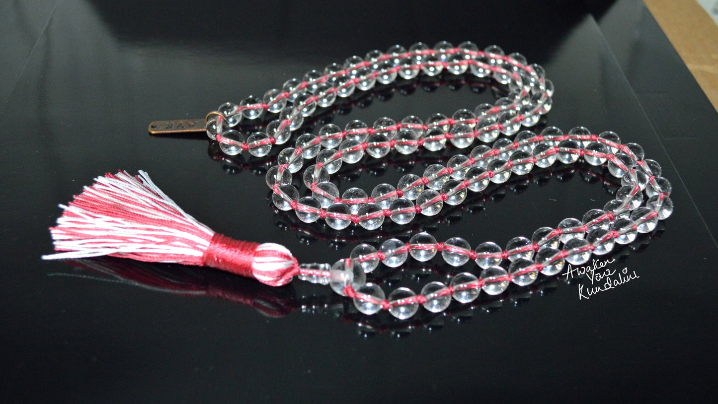 Energized Blessed AAA Grade 6mm, 8 mm, Brilliant Clear Quartz Energized Natural Nirvana Crystal Quartz 108 Saphtik Mala Beads Necklace