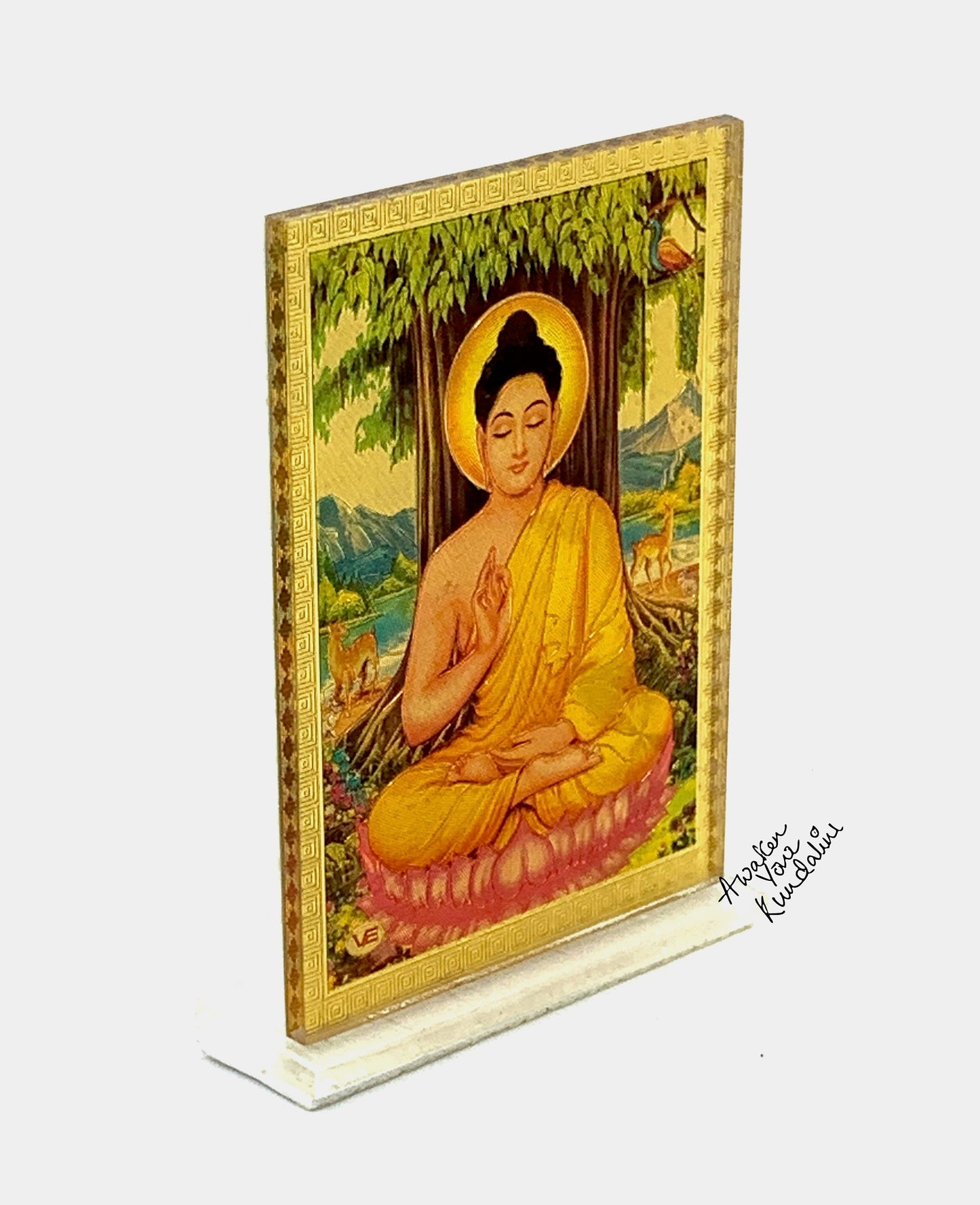 Gold Buddha Framed Religious Spiritual Gift, Diwali Gift, Minimal, Gold Flower Disc, Yoga Lover, Symbolic, Buddhist Gift, Gold Om Charm,