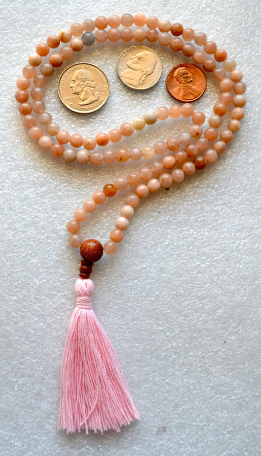Moonstone Natural Flower Handmade Mala Beads Necklace -Blessed Karma Nirvana Meditation 8 mm 108 Prayer Beads For Awakening Chakra Kundalini