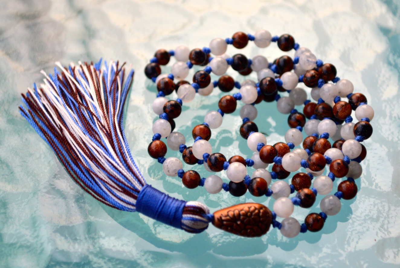 Moonstone & Goldstone Hand Knotted Mala Beads Necklace - Karma, Nirvana, Meditation 8mm 108 Prayer Beads For Chanting and Awakening Chak